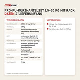 Technische Daten und Lieferumfang von Titanium Strength Pro-PU-Kurzhantelset 2,5–30 kg mit Rack als Tabelle