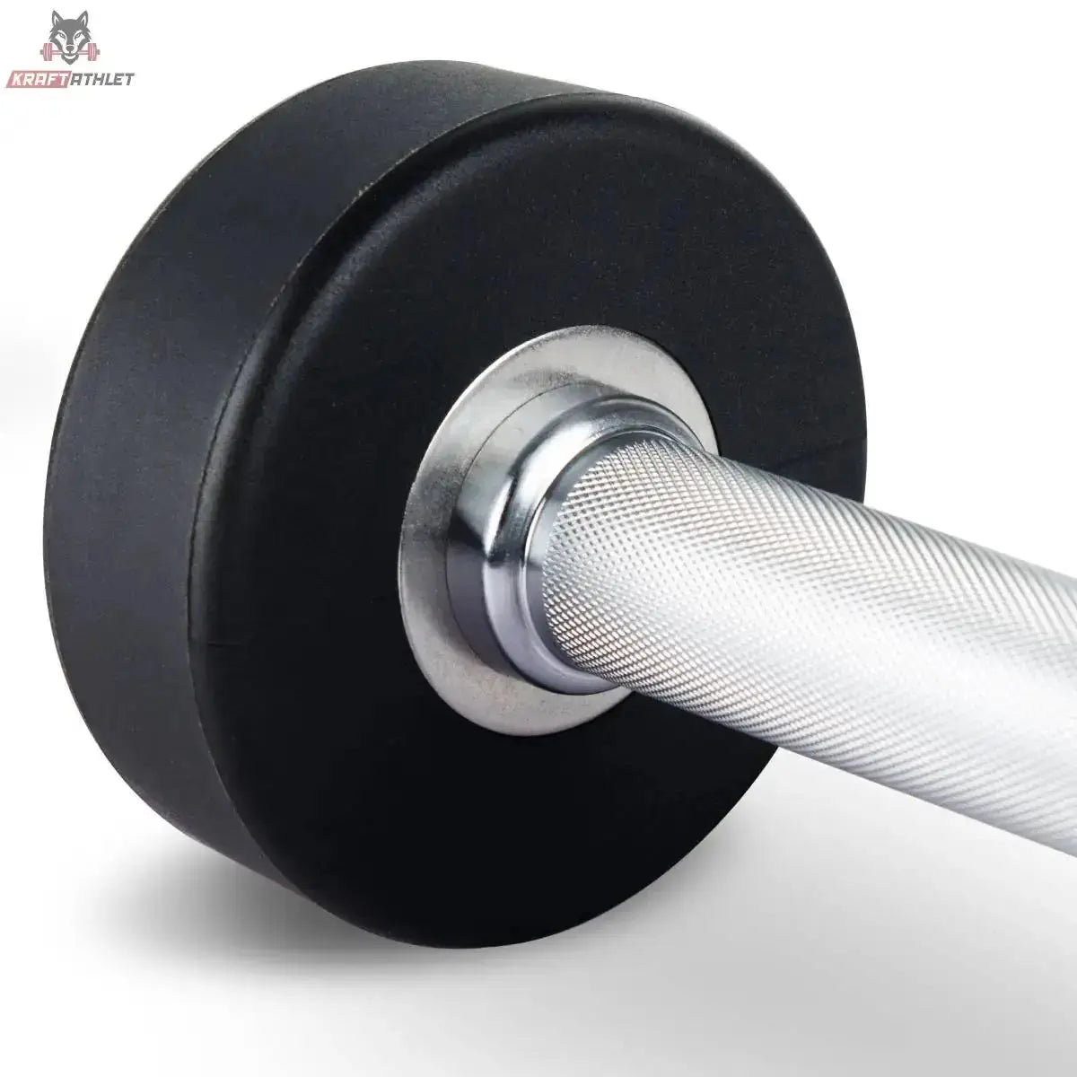 Titanium Strength Pro PU Rundhantel-Set 2,5–50 kg mit 2 Racks, Nahaufnahme von Griff und PU-Kopf