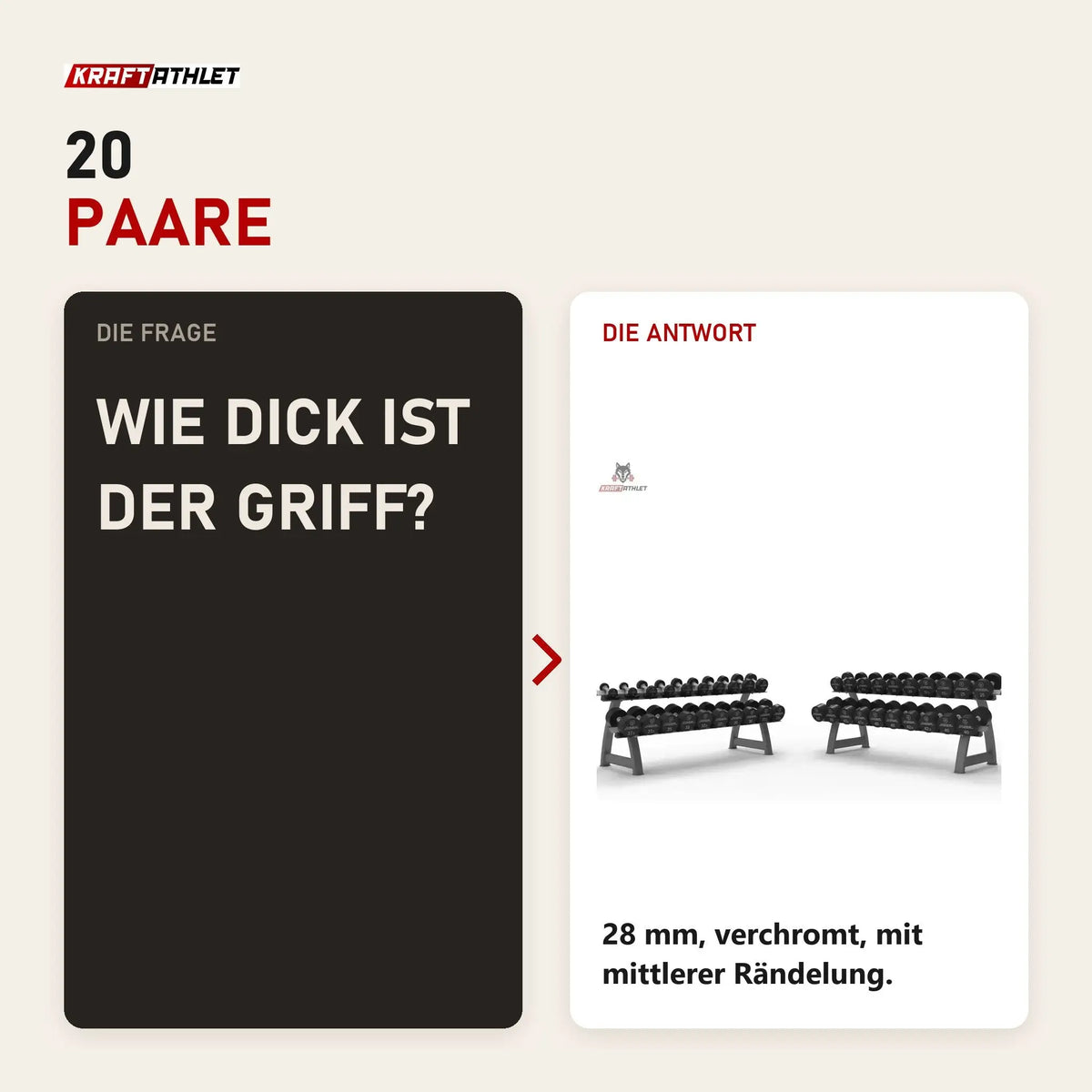 Frage und Antwort zu Titanium Strength Pro PU Rundhantel-Set 2,5–50 kg mit 2 Racks: Wie dick ist der Griff?