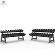 Titanium Strength Pro PU Rundhantel-Set 2,5–50 kg mit 2 Racks, Frontansicht beider Ablagen mit Hanteln