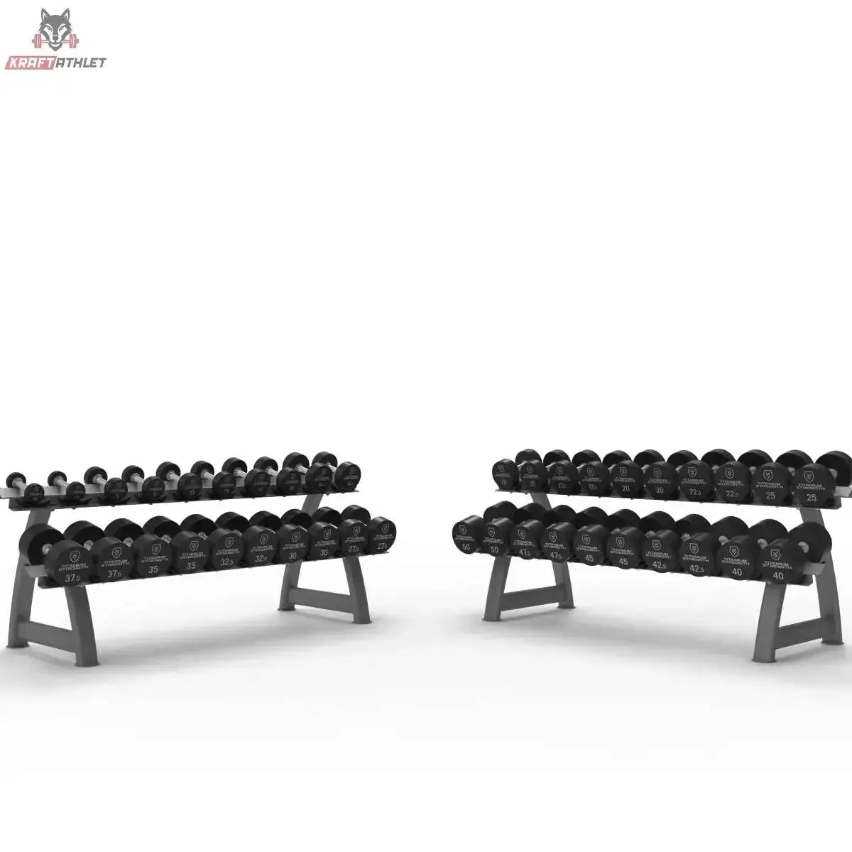 Titanium Strength Pro PU Rundhantel-Set 2,5–50 kg mit 2 Racks, Frontansicht beider Ablagen mit Hanteln