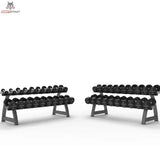 Titanium Strength Pro PU Rundhantel-Set 2,5–50 kg mit 2 Racks, Frontansicht beider Ablagen mit Hanteln