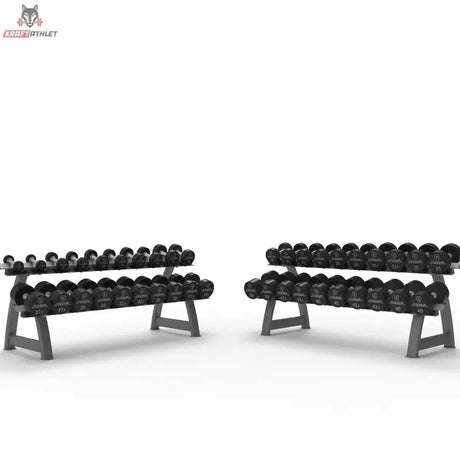 Titanium Strength Pro PU Rundhantel-Set 2,5–50 kg mit 2 Racks, Frontansicht beider Ablagen mit Hanteln