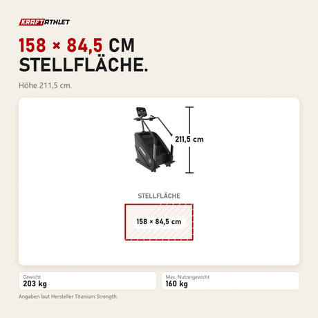 Maßbild Titanium Strength ProClimber Stair Climber: Stellfläche 158 × 84,5 cm, Höhe 211,5 cm