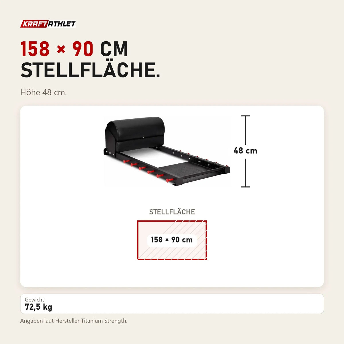 Maßbild Titanium Strength Professional Hip Thrust 131HT: Stellfläche 158 × 90 cm, Höhe 48 cm