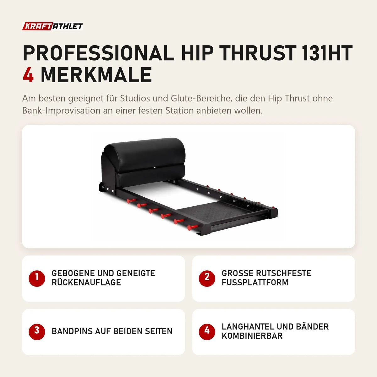 Titanium Strength Professional Hip Thrust 131HT mit 4 Merkmalen: Gebogene und geneigte Rückenauflage, Große rutschfeste Fußplattform, Bandpins auf beiden Seiten, Langhantel und Bänder kombinierbar