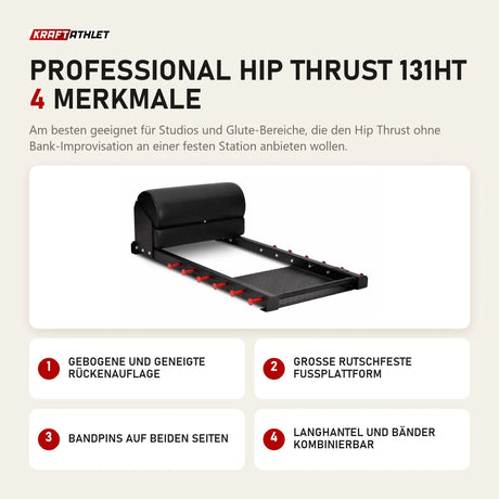 Titanium Strength Professional Hip Thrust 131HT mit 4 Merkmalen: Gebogene und geneigte Rückenauflage, Große rutschfeste Fußplattform, Bandpins auf beiden Seiten, Langhantel und Bänder kombinierbar