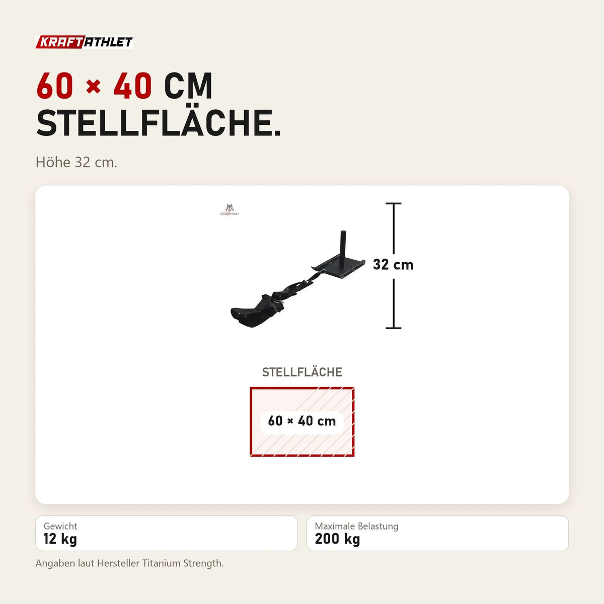 Maßbild Titanium Strength PS12 Power Sled: Stellfläche 60 × 40 cm, Höhe 32 cm