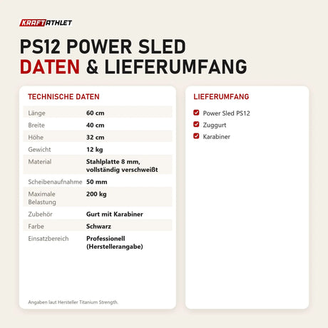 Technische Daten und Lieferumfang von Titanium Strength PS12 Power Sled als Tabelle