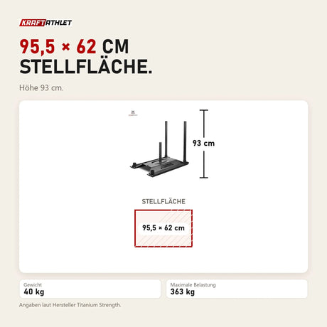 Maßbild Titanium Strength PS40 Premier Power Sled: Stellfläche 95,5 × 62 cm, Höhe 93 cm