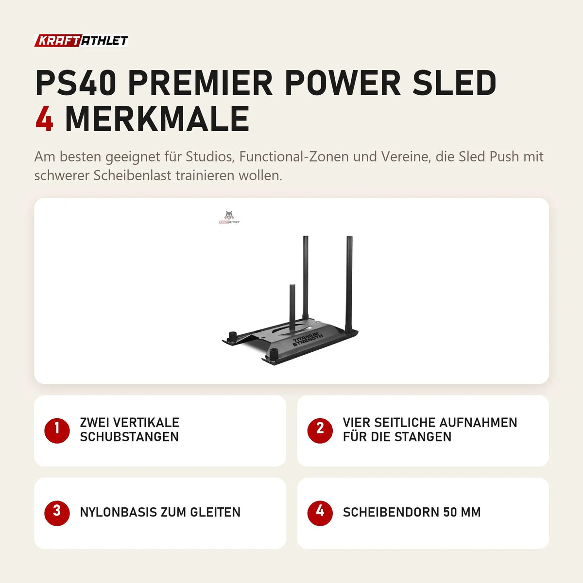 Titanium Strength PS40 Premier Power Sled mit 4 Merkmalen: Zwei vertikale Schubstangen, Vier seitliche Aufnahmen für die Stangen, Nylonbasis zum Gleiten, Scheibendorn 50 mm