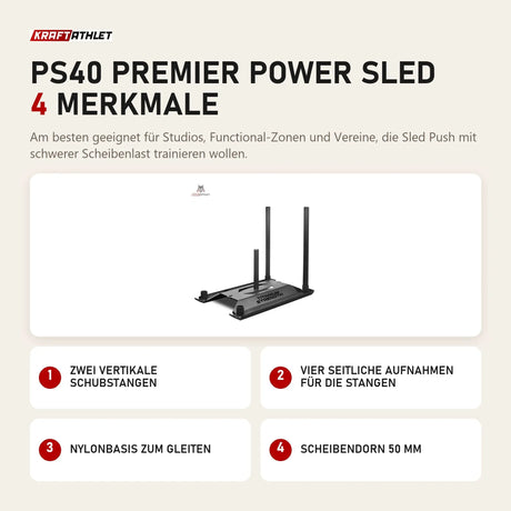 Titanium Strength PS40 Premier Power Sled mit 4 Merkmalen: Zwei vertikale Schubstangen, Vier seitliche Aufnahmen für die Stangen, Nylonbasis zum Gleiten, Scheibendorn 50 mm