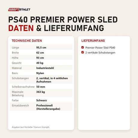 Technische Daten und Lieferumfang von Titanium Strength PS40 Premier Power Sled als Tabelle