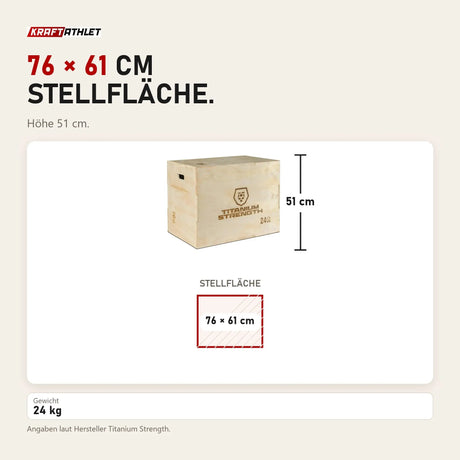 Maßbild Titanium Strength PWX Plyometrische Box aus Holz: Stellfläche 76 × 61 cm, Höhe 51 cm