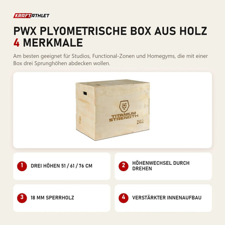 Titanium Strength PWX Plyometrische Box aus Holz mit 4 Merkmalen: Drei Höhen 51 / 61 / 76 cm, Höhenwechsel durch Drehen, 18 mm Sperrholz, Verstärkter Innenaufbau