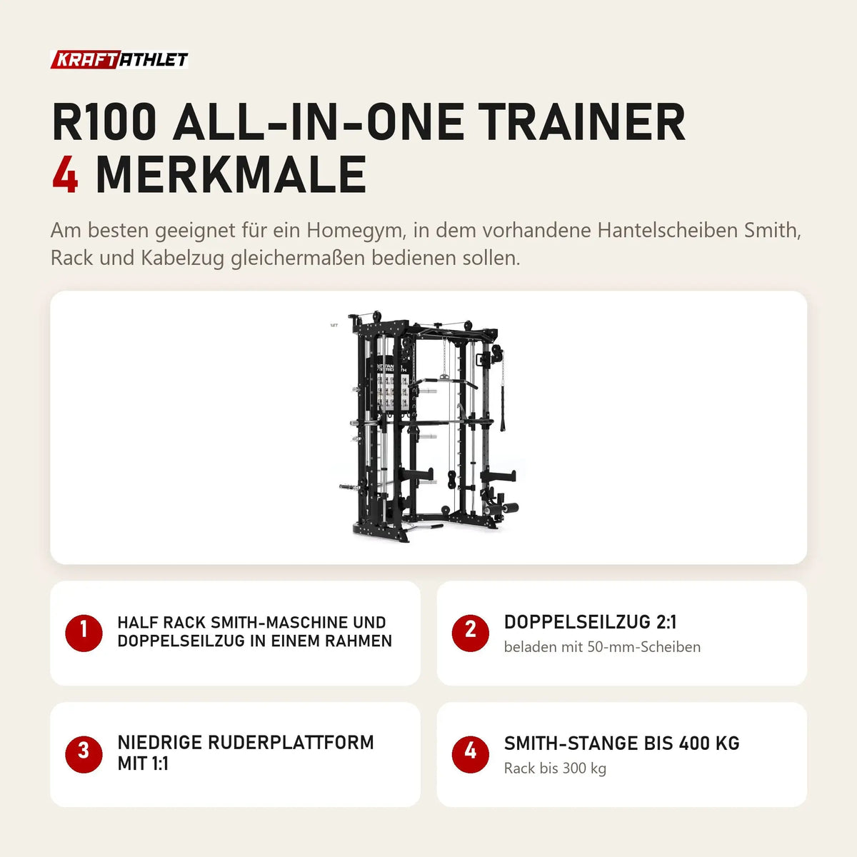Titanium Strength R100 All-in-One Trainer mit 4 Merkmalen: Half Rack Smith-Maschine und Doppelseilzug in einem Rahmen, Doppelseilzug 2:1, Niedrige Ruderplattform mit 1:1, Smith-Stange bis 400 kg