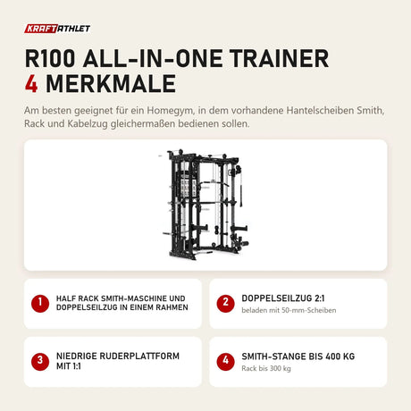 Titanium Strength R100 All-in-One Trainer mit 4 Merkmalen: Half Rack Smith-Maschine und Doppelseilzug in einem Rahmen, Doppelseilzug 2:1, Niedrige Ruderplattform mit 1:1, Smith-Stange bis 400 kg