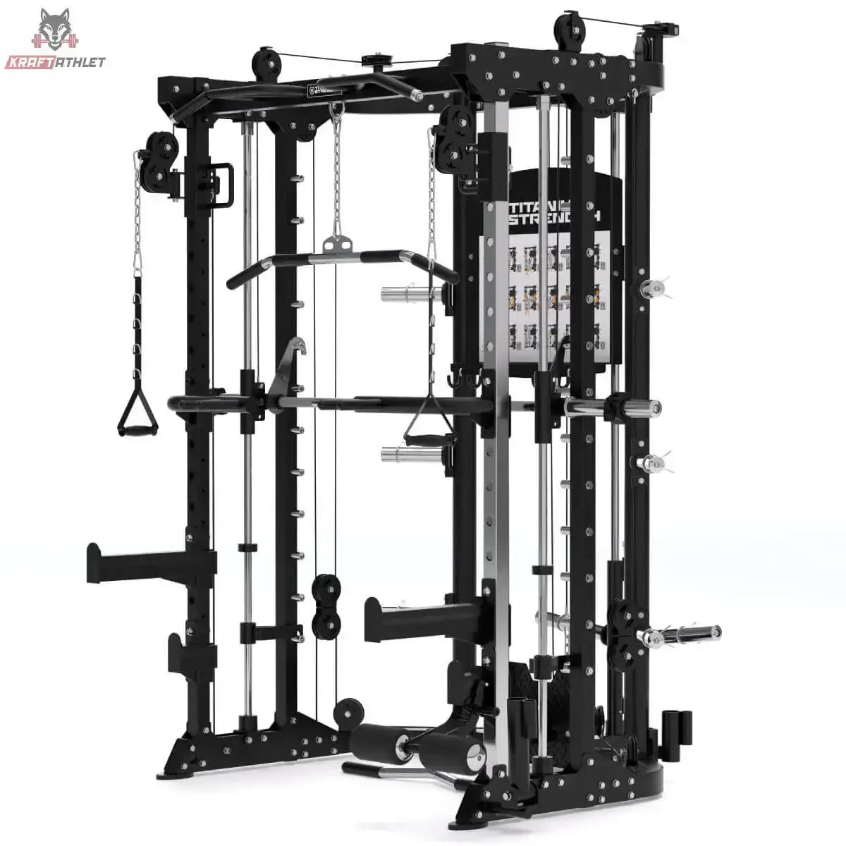 Titanium Strength R100 All-in-One Trainer – Schrägansicht von rechts mit Griffen und Übungstafel