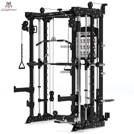 Titanium Strength R100 All-in-One Trainer – Schrägansicht von rechts mit Griffen und Übungstafel