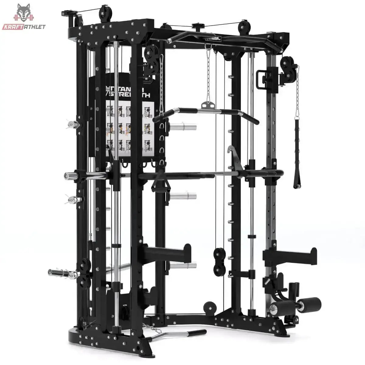 Titanium Strength R100 All-in-One Trainer – Schrägansicht mit Multipresse, Seilzügen und Übungstafel