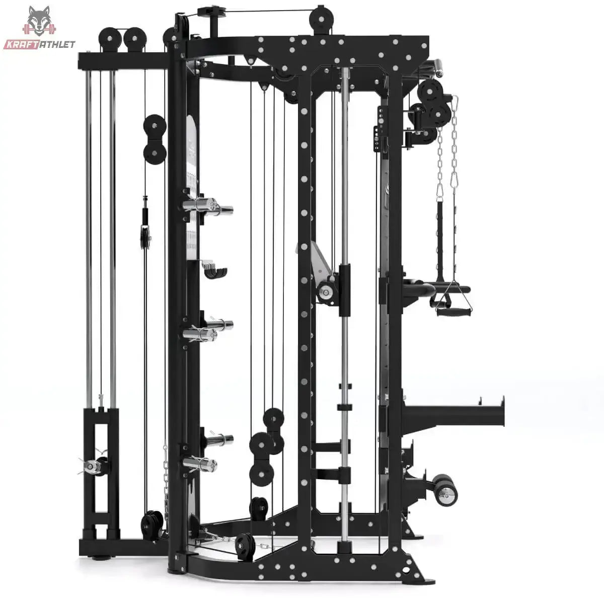 Titanium Strength R100 All-in-One Trainer – Seitenansicht mit Seilzugsäule und Hantelscheibenhaltern