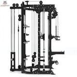 Titanium Strength R100 All-in-One Trainer – Seitenansicht mit Seilzugsäule und Hantelscheibenhaltern