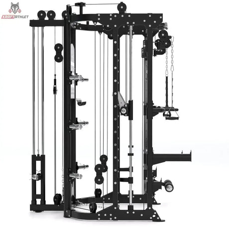 Titanium Strength R100 All-in-One Trainer – Seitenansicht mit Seilzugsäule und Hantelscheibenhaltern