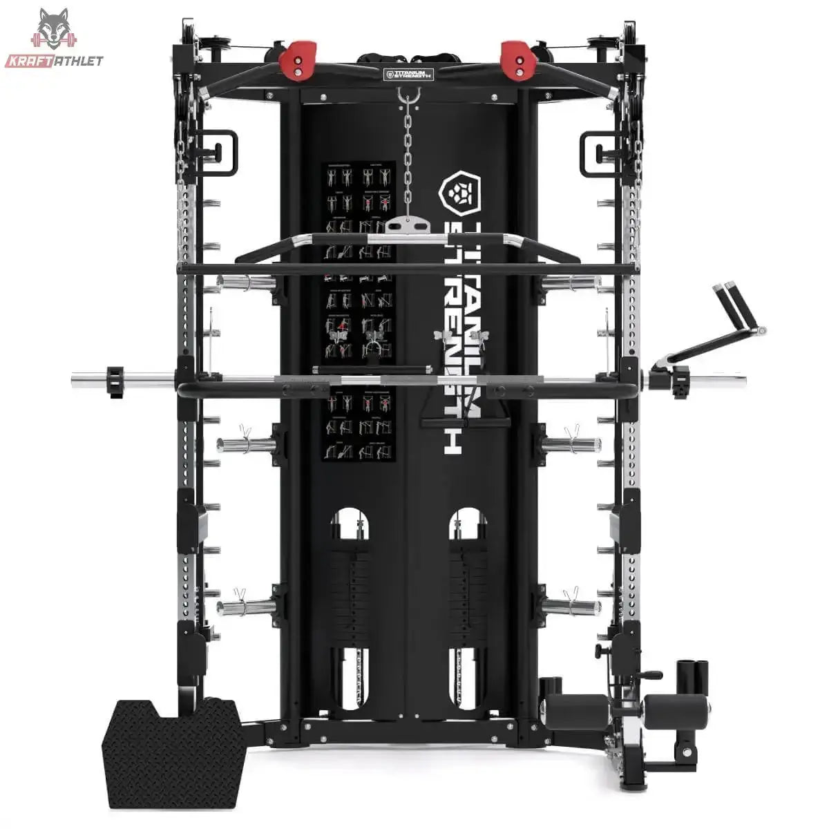 Titanium Strength R200 All-in-One Trainer in Schwarz, Frontansicht mit Gewichtsstapelverkleidung und Logo