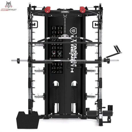 Titanium Strength R200 All-in-One Trainer in Schwarz, Frontansicht mit Gewichtsstapelverkleidung und Logo