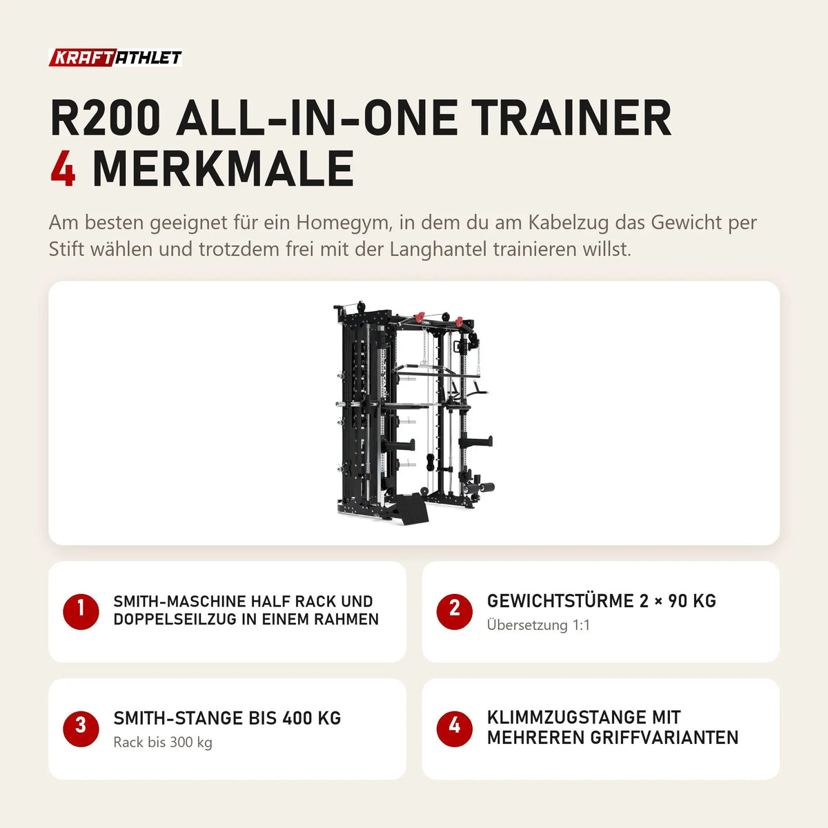 Titanium Strength R200 All-in-One Trainer mit 4 Merkmalen: Smith-Maschine Half Rack und Doppelseilzug in einem Rahmen, Gewichtstürme 2 × 90 kg, Smith-Stange bis 400 kg, Klimmzugstange mit mehreren Griffvarianten