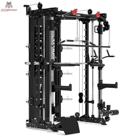 Titanium Strength R200 All-in-One Trainer in Schwarz, Schrägansicht von links mit Seilzügen und Smith-Stange