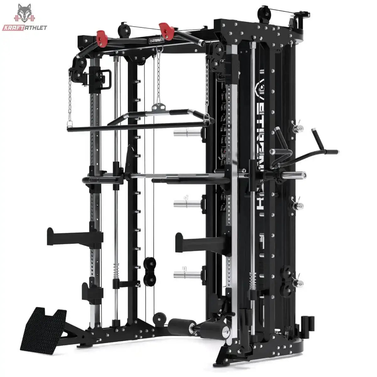 Titanium Strength R200 All-in-One Trainer in Schwarz, Schrägansicht von rechts mit Dip-Griffen und Ablagen