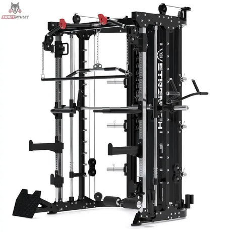 Titanium Strength R200 All-in-One Trainer in Schwarz, Schrägansicht von rechts mit Dip-Griffen und Ablagen