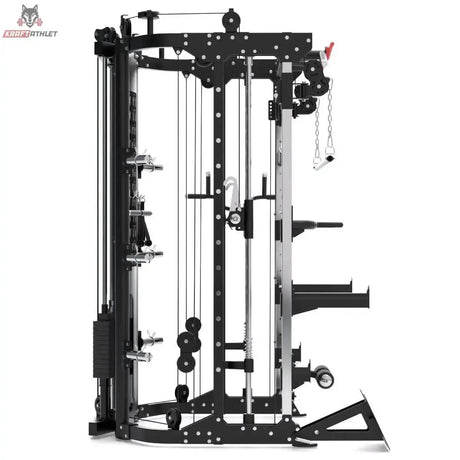 Titanium Strength R200 All-in-One Trainer in Schwarz, Seitenansicht mit Führungsstangen und Zugrollen