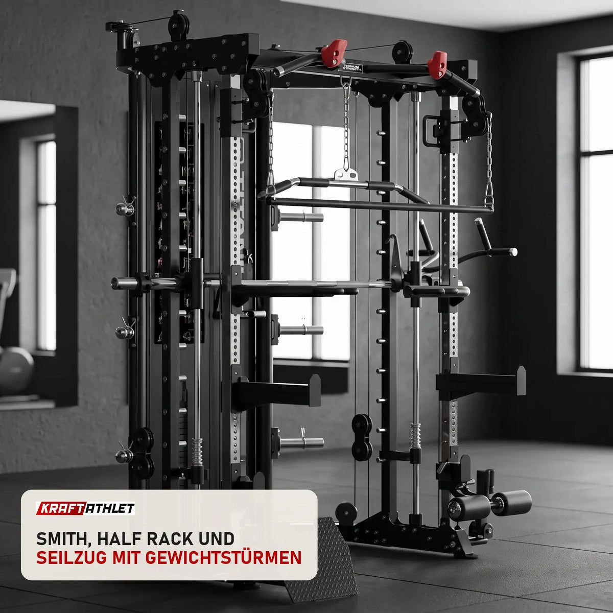 Titanium Strength R200 All-in-One Trainer in einem fertig eingerichteten Studio mit dunklen Wänden und Gummiboden