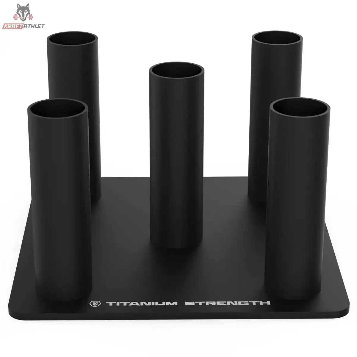 Titanium Strength Rack für 5 olympische Stangen vertikal in Schwarz, Frontansicht mit fünf Rohrhaltern auf Bodenplatte