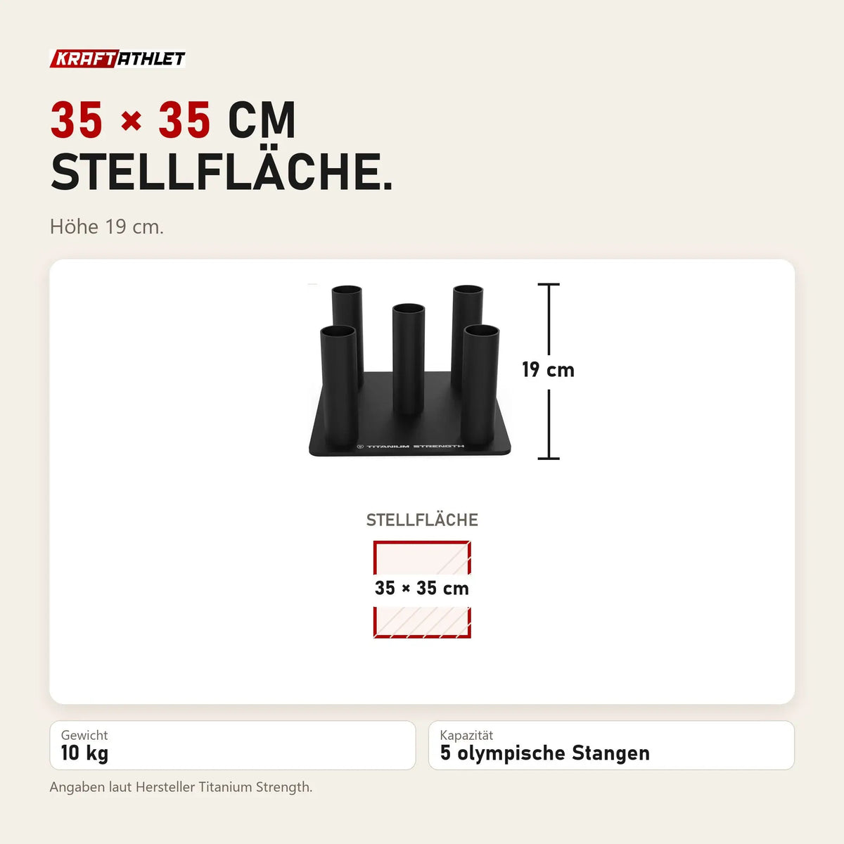 Maßbild Titanium Strength Rack für 5 olympische Stangen vertikal: Stellfläche 35 × 35 cm, Höhe 19 cm