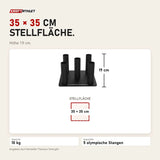 Maßbild Titanium Strength Rack für 5 olympische Stangen vertikal: Stellfläche 35 × 35 cm, Höhe 19 cm