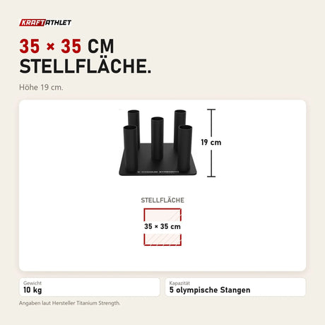 Maßbild Titanium Strength Rack für 5 olympische Stangen vertikal: Stellfläche 35 × 35 cm, Höhe 19 cm