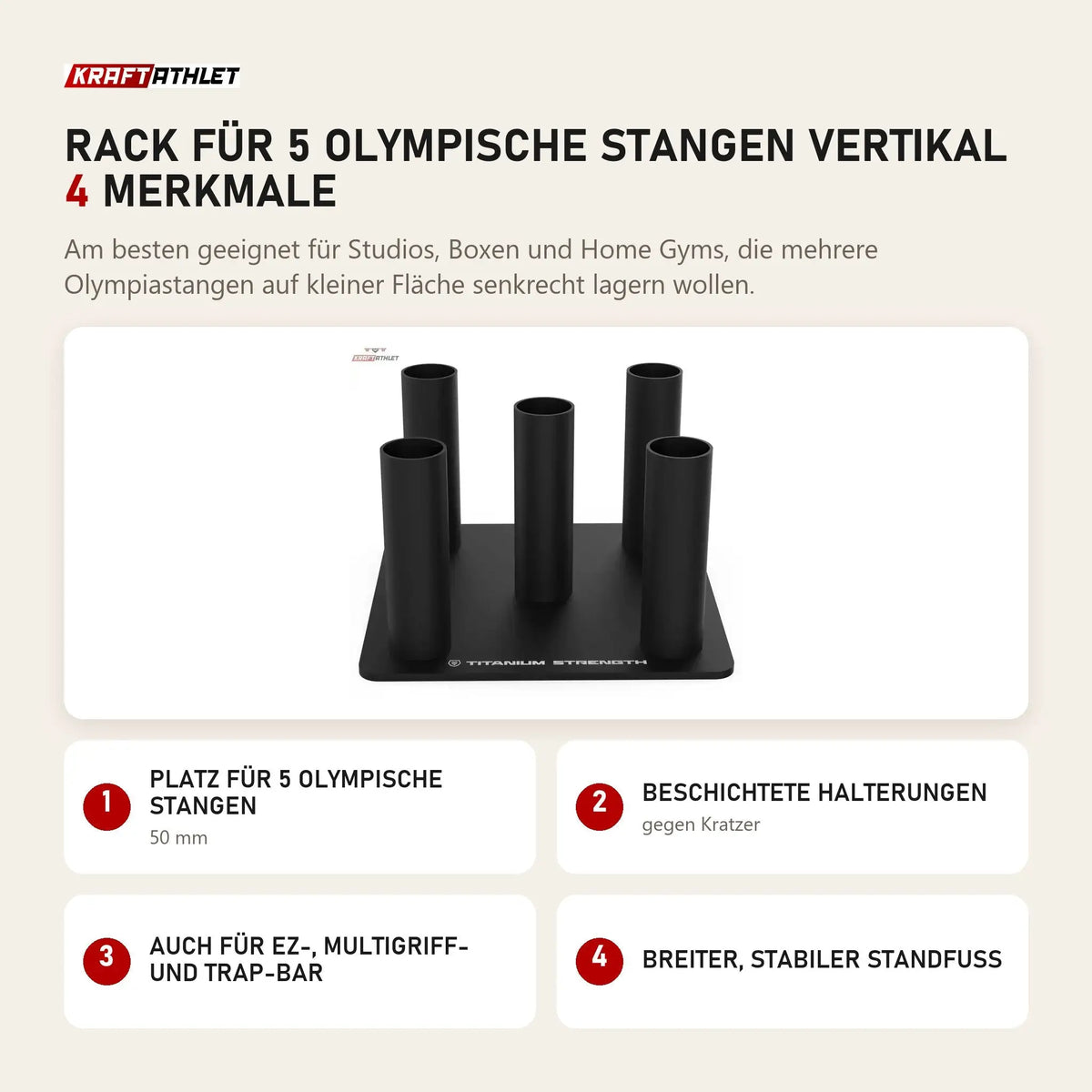 Titanium Strength Rack für 5 olympische Stangen vertikal mit 4 Merkmalen: Platz für 5 olympische Stangen, Beschichtete Halterungen, Auch für EZ-, Multigriff- und Trap-Bar, Breiter, stabiler Standfuß