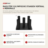 Titanium Strength Rack für 5 olympische Stangen vertikal mit 4 Merkmalen: Platz für 5 olympische Stangen, Beschichtete Halterungen, Auch für EZ-, Multigriff- und Trap-Bar, Breiter, stabiler Standfuß