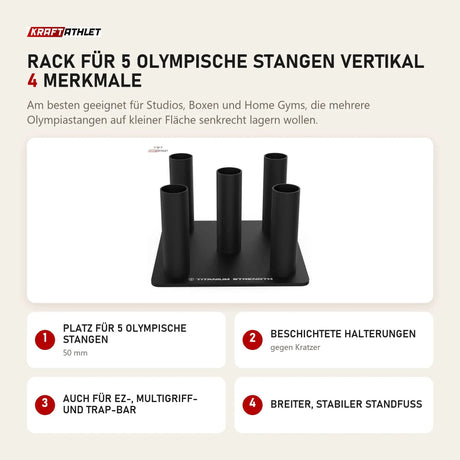 Titanium Strength Rack für 5 olympische Stangen vertikal mit 4 Merkmalen: Platz für 5 olympische Stangen, Beschichtete Halterungen, Auch für EZ-, Multigriff- und Trap-Bar, Breiter, stabiler Standfuß