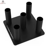 Titanium Strength Rack für 5 olympische Stangen vertikal, Schrägansicht von oben auf die schwarze Bodenplatte mit Logo