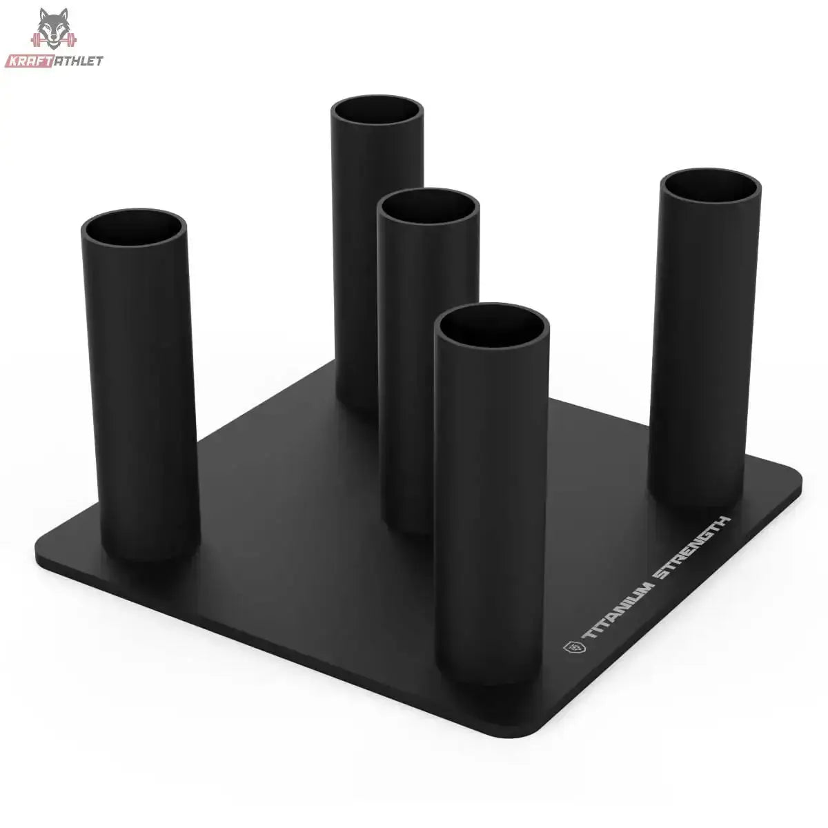 Titanium Strength Rack für 5 olympische Stangen vertikal in Schwarz, seitliche Schrägansicht der fünf Rohrhalter