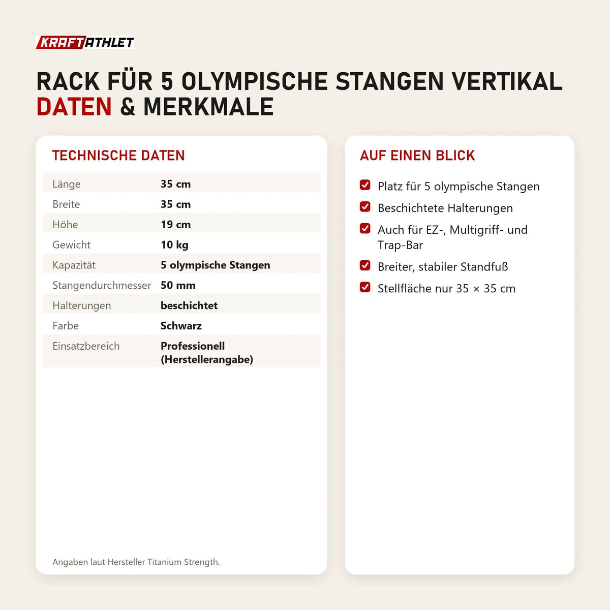 Technische Daten und Merkmale von Titanium Strength Rack für 5 olympische Stangen vertikal als Tabelle