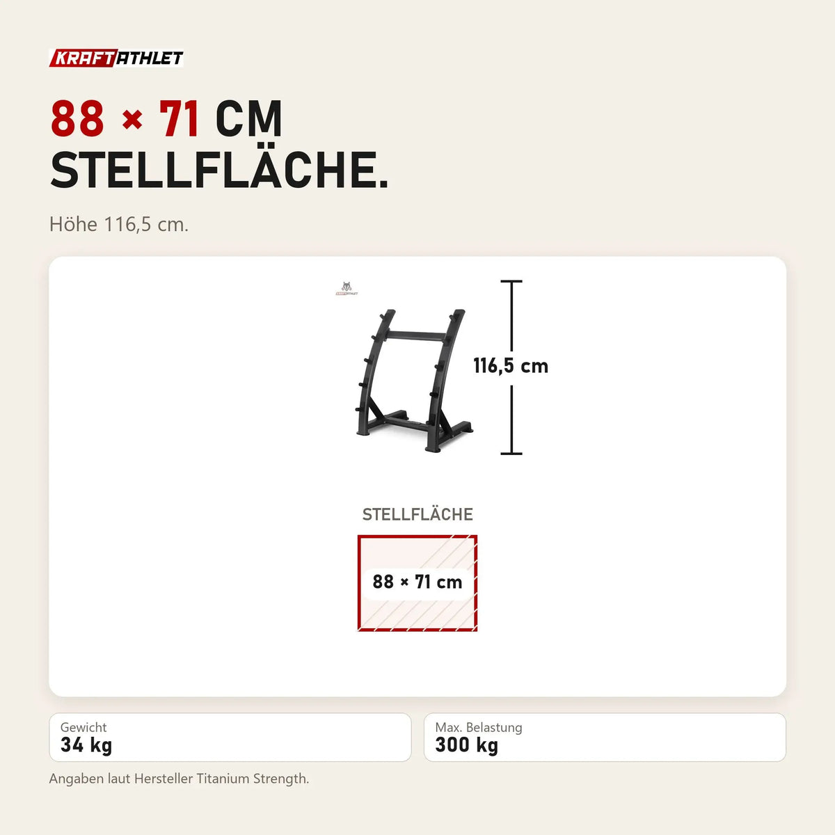 Maßbild Titanium Strength Rack für feste Hanteln: Stellfläche 88 × 71 cm, Höhe 116,5 cm