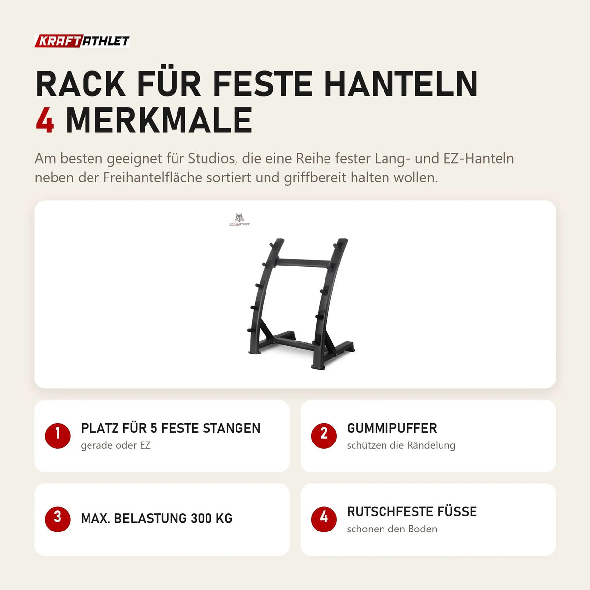 Titanium Strength Rack für feste Hanteln mit 4 Merkmalen: Platz für 5 feste Stangen, Gummipuffer, Max. Belastung 300 kg, Rutschfeste Füße