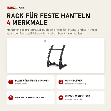 Titanium Strength Rack für feste Hanteln mit 4 Merkmalen: Platz für 5 feste Stangen, Gummipuffer, Max. Belastung 300 kg, Rutschfeste Füße