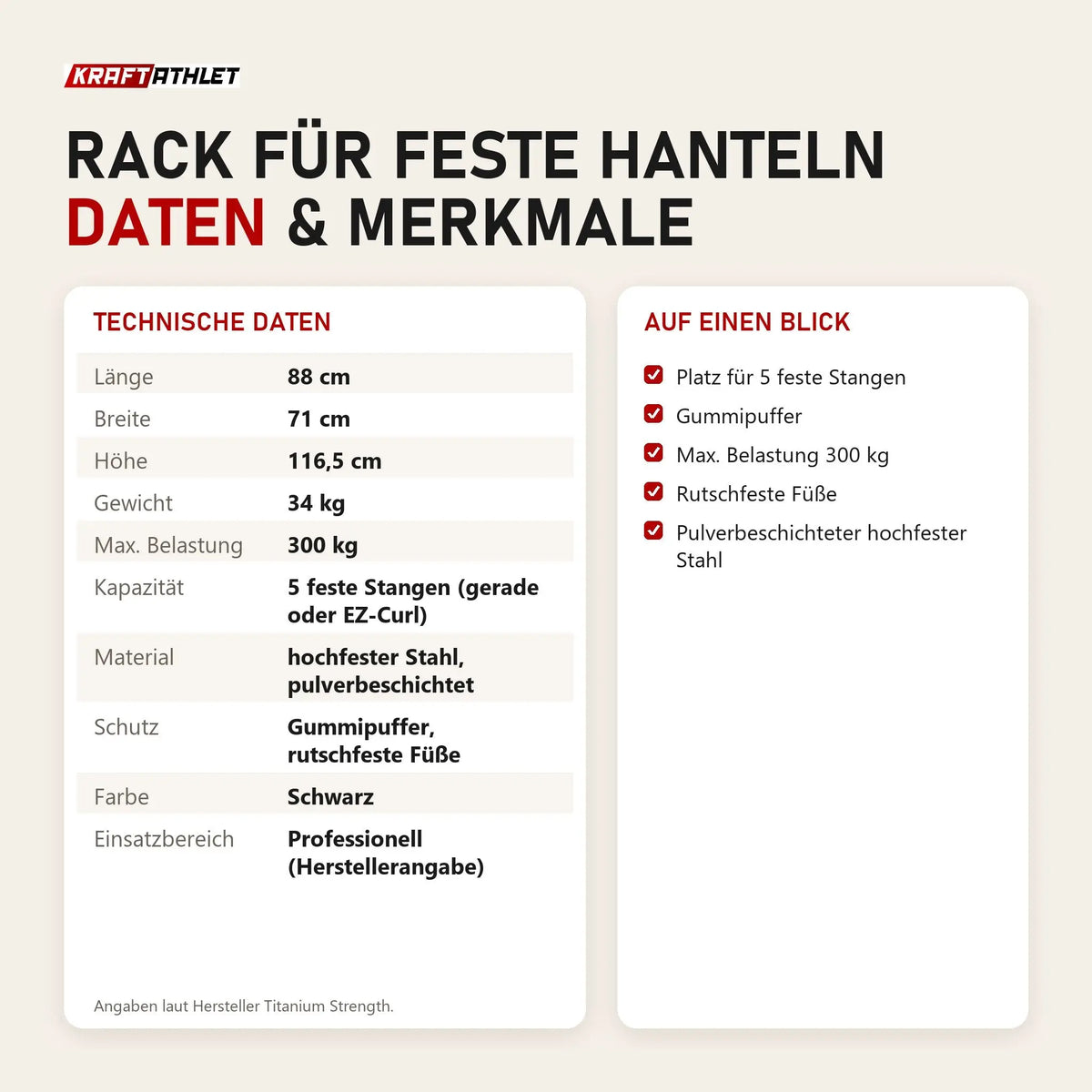 Technische Daten und Merkmale von Titanium Strength Rack für feste Hanteln als Tabelle