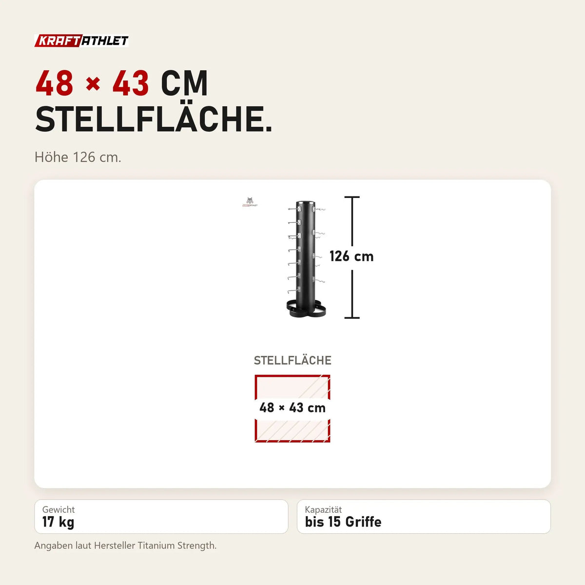 Maßbild Titanium Strength Rack für Pulley Grips: Stellfläche 48 × 43 cm, Höhe 126 cm